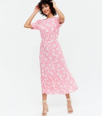 Pink Floral Ruched Puff Sleeve Midi ...